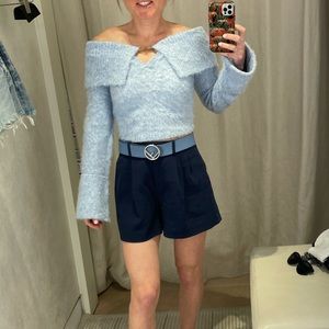 Cult Gaia off shoulder baby blue fuzzy cropped sweater in XS